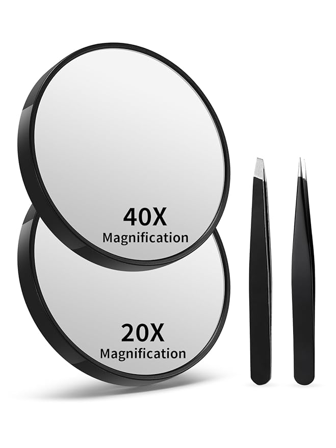 20X&40X Magnifying Mirrors with Suction Cups and 2 Tweezers Set，3.5 inches Magnified Makeup Mirror, Black, 2PCS