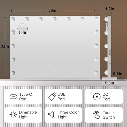 Hasipu Hollywood Vanity Mirror with Lights, 35" x 24" Makeup Mirror with 16 Dimmable LED Bulbs 3 Color Modes & Detachable, 5X Magnifying Glass, Touch Control, USB and Type-C, Tempered Glass