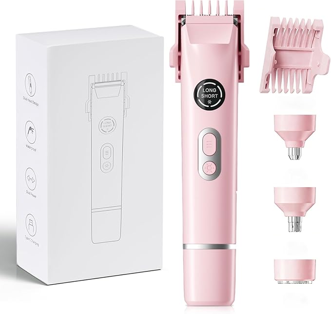 Dermave Bikini Shaver, 4-in-1 Bikini Trimmer for Women, Electric Razors with Dual Heads, Cordless Body Hair Trimmer, Rechargeable Pubic Hair Trimmer for Legs Body Facial Hair, Ceramic Blade