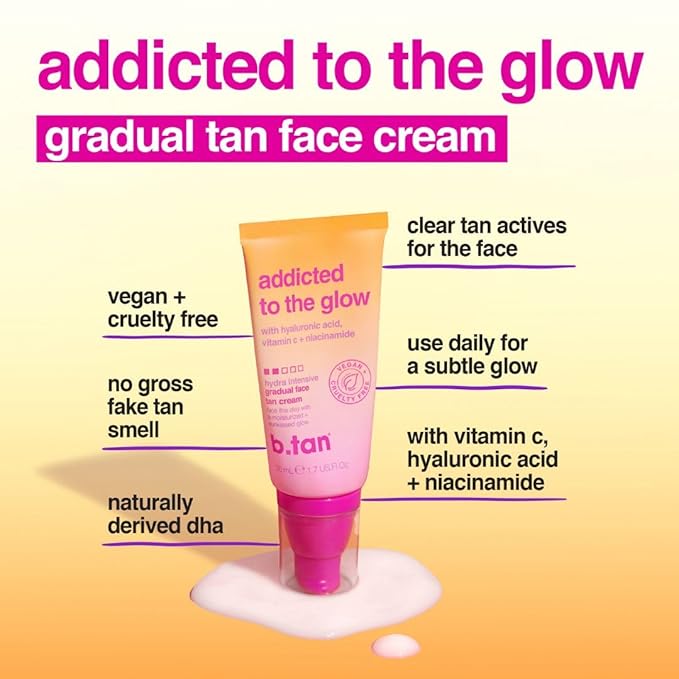 b.tan Gradual Self Tan Face Lotion | Addicted to the Glow - Daily Faical Tanning Cream for a Sunkissed Dark Bronze, Best Sunless Moisturizer, Hydrating Vitamin C, Travel Size, No Fake Tanner Smell