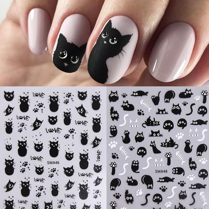 Cat Nail Sticker Black Animal Nail Decals 4Pcs Self-Adhesive 3D Cute Stickers Kawaii Cartoon Animal Self-Adhesive Nail Decals Black Nail Stickers for Nail Art Supplies for Women Nail Art Decorations