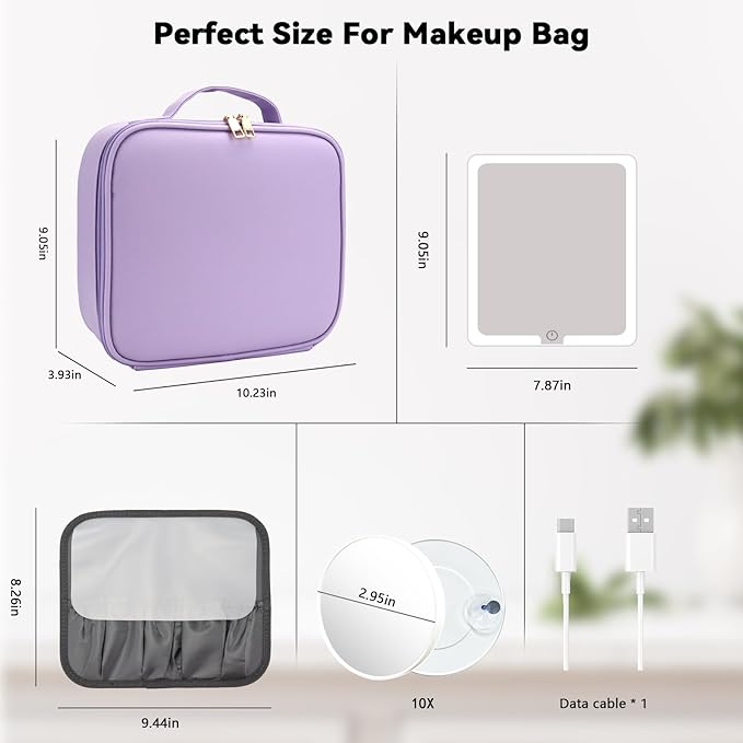 Travel Makeup Bag with LED Mirror and 10x magnifying glass with 3 Lighted Settings, Adjustable Dividers and Makeup Brush Storage Bag Purple