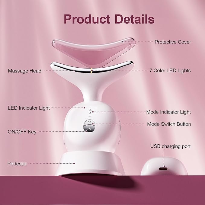 7 in 1 Facial Massager Tool, Red - Light Therapy for face and Neck, face Lift Device Portable, face sculptin with 7 Color, Neck Massager for Double - Chin - Reducer.