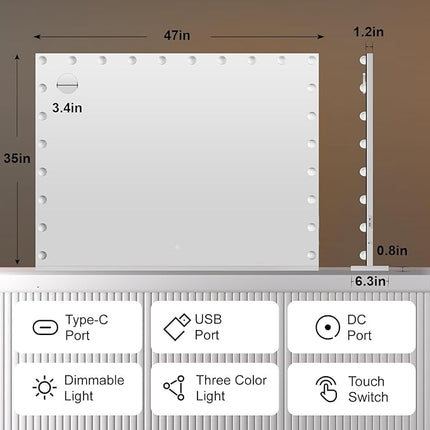 Hasipu Hollywood Vanity Mirror with Lights, 47" x 35" Makeup Mirror with 24 Dimmable LED Bulbs 3 Color Modes & Detachable, 5X Magnifying Glass, Touch Control, USB and Type-C, Tempered Glass