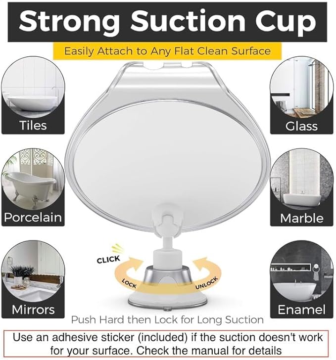 HONEYBULL Fogless Shower Mirror with Suction Mount & Swivel – Anti-Fog Acrylic Bathroom Mirror for Shaving – Built-in Razor Holder, Easy Install, Home Shower Accessory (White)