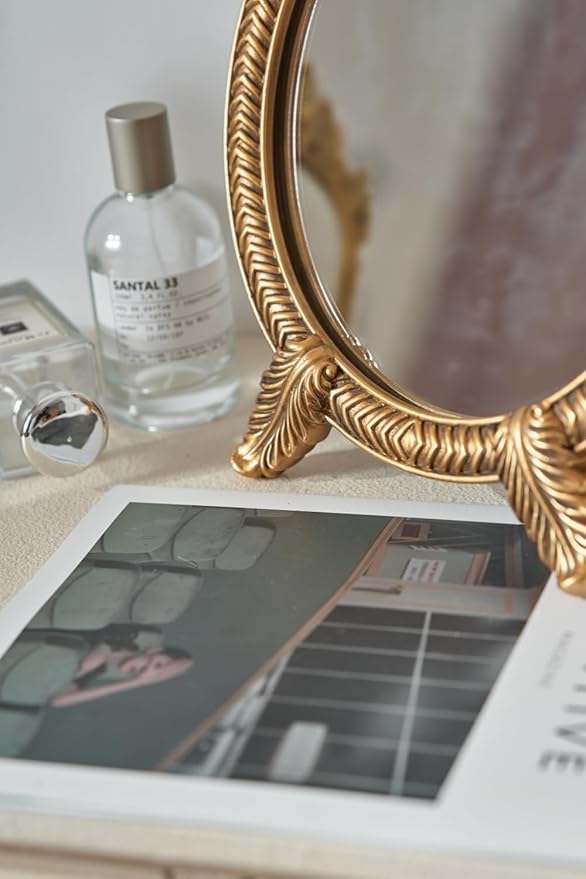 Small Round Gold Vintage Vanity Mirror – 9.5" x 12.5" Small Baroque Desktop Mirror, Antique Freestanding Dressing Table Mirror for Bedroom, Living Room, and Countertop Décor