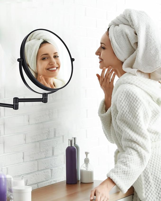 Wall Mounted Makeup Mirror - 1X/10X Magnifying Mirror for Wall, 8 Inch Double Sided 360° Swivel Extendable Bathroom Mirror for Shaving, Black