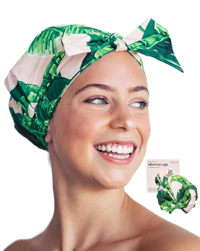 Kitsch Luxury Shower Caps for Women Reusable Waterproof - Large Shower Cap for Women and Men, Non-slip, Quick-dry Hair Cap for Long & Short Hair, Comfortable and Stylish Design - Palm Leaves