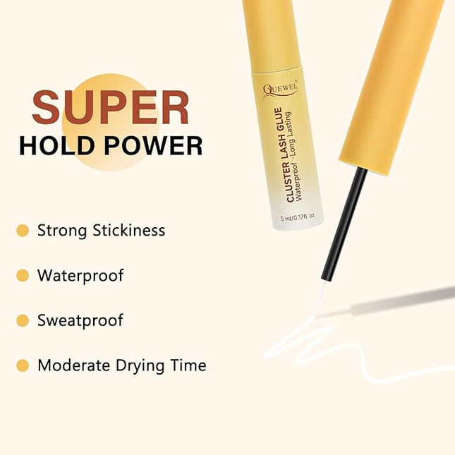 QUEWEL Lash Clusters Bond Eyelash Cluster Glue for DIY Lash Extensions, 5ML Cluster Lashes Glue Waterproof&Long Lasting, Super Strong Hold Eyelash Clusters Bond Suitable for All Day Wear (Clear)