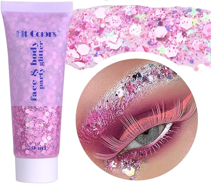 Pink Body Face Glitter Gel, Liquid Holographic Chunky Glitter Singer Concerts Music Festival Rave Accessories, Mermaid Lip Eye Nails Hair Body Glitter Makeup, 50g