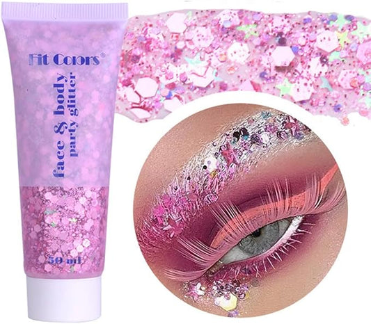 Pink Body Face Glitter Gel, Liquid Holographic Chunky Glitter Singer Concerts Music Festival Rave Accessories, Mermaid Lip Eye Nails Hair Body Glitter Makeup, 50g