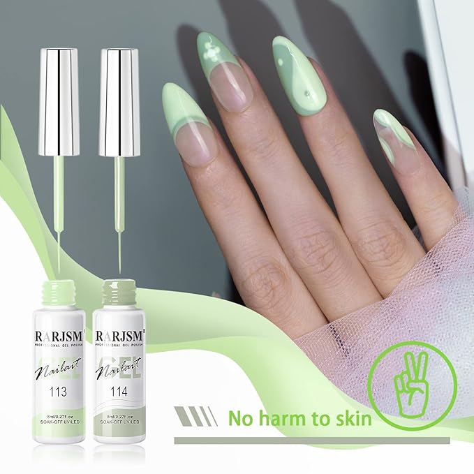 RARJSM Nail Art Liner Gel Nail Polish,Pastel Green Spring Summer Colors Pigment Gel Art Paint for Swirl Nails Painting Design Detailing Built in Thin Sharp Nail Brush Soak off Curing Required 8ml