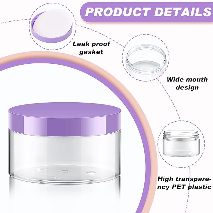 Dandat 24 Pcs 8 oz Plastic Jar Container with Lid and Label Refillable Empty Round Clear with Purple PET Cosmetic Sample Containers for Lotion, Cream, Ointments, Body Butter, Makeup, Travel Storage