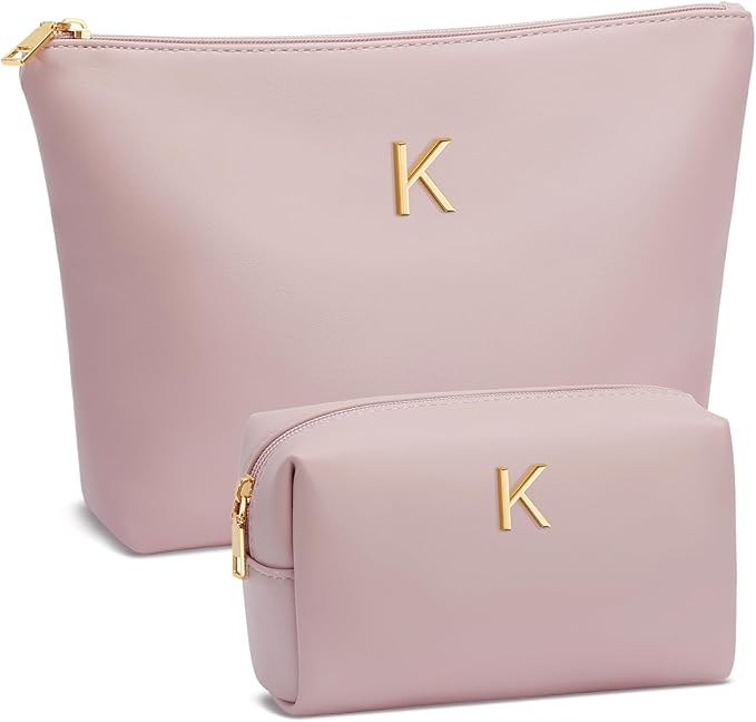 Women Gifts | Initial Makeup Bag Set for Girl Personalized Gifts for Bridesmaid Friend Graduation Teachers PU Leather Cosmetic Travel Toiletry Bag(Pink,K)