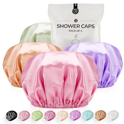 Shower Cap for Women Reusable Extra Large Shower Caps for Men Satin Double Layer EVA Waterproof Long Hair Caps(Light Purple, Brown, Pink, Green 4 Pack)