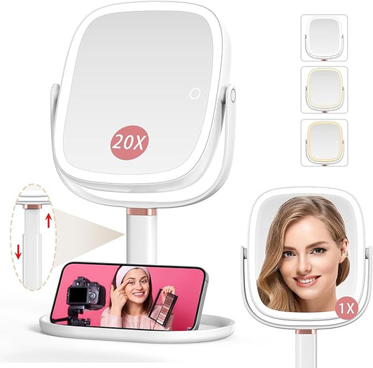Mocado Makeup Mirror with Lights, 1X/20X Magnifying Mirror with Light, Vanity Mirror with 3 Colors Lights, Height Adjustable Lighted Makeup Mirror, Double Sided 360°Rotation, Memory Function (White)