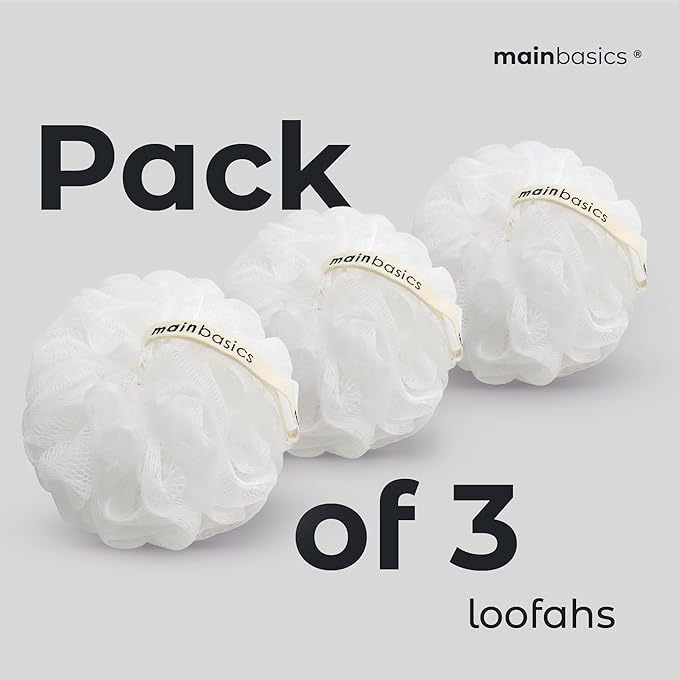 MainBasics Bath Shower Loofah Sponge Pouf Body Scrubber Exfoliator Body Wash Sponge (Set of 3, Snow White)