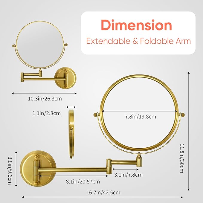 GURUN 8" Wall Mounted Makeup Mirror with 10X Magnification,Two-Sided Swivel Bathroom Mirror,Brushed Gold Finish M1306GJ(8",10X)