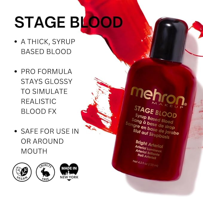 Mehron Makeup Stage Blood | Realistic For Halloween | Washable Fake Blood for Special FX, Stage & Screen, Halloween, & Cosplay (4.5 oz) (Bright Arterial)