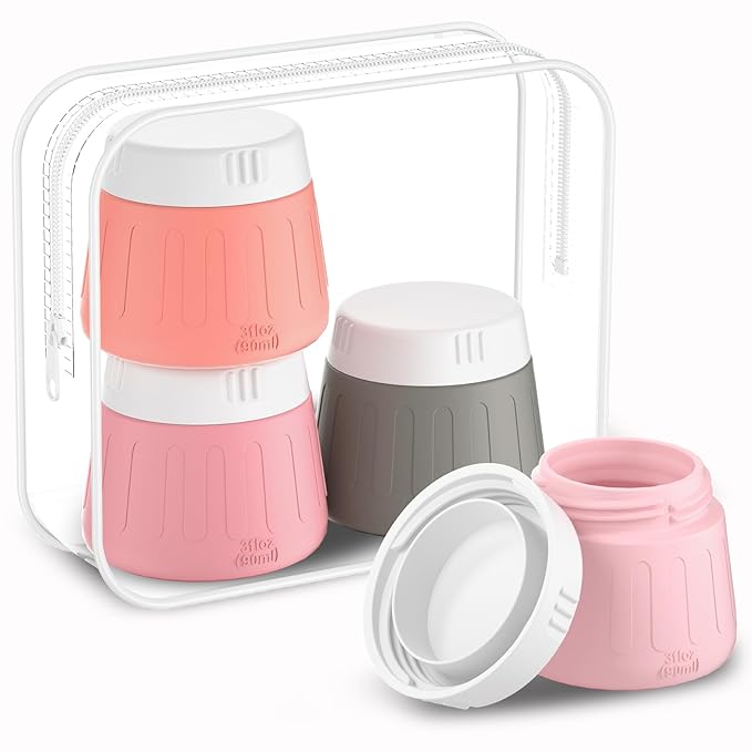 Gemice 3 oz Travel Containers for Toiletries, 4-Pack TSA Approved Travel Size Toiletries Containers for On-the-Go, Small Leak-Proof Travel Essentials Silicone Jar for Shampoo, Lotions, Cleanser