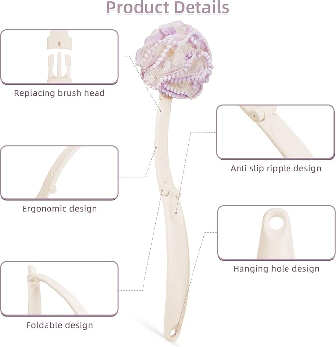 Loofah Sponge with Handle,Back Scrubber Brush for Shower, Lotion Applicator for Back,3 in 1 Shower Kit (Purple loofah)