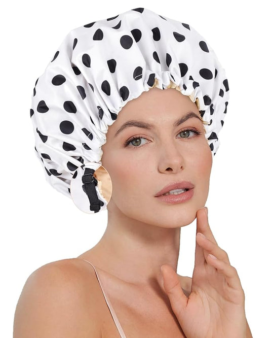 Shower Cap Large Shower Caps for Women Reusable Waterproof with Adjustable Band Double Layer Design Large Luxury Washable Bath Hair Bonnet (Black Dot)