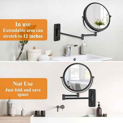 DECLUTTR 1X/15X Wall Mounted Makeup Mirror, 8" Double Sided Vanity Magnifying Mirror, 360° Swivel Extendable Bathroom Make Up Mirror, Black