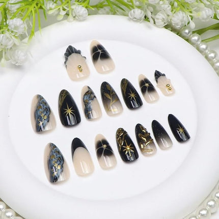 Almond Press on Nails Medium Fake Nails with 3D Leaves Gold Pearl Star Flower Designs French Tip Nails Press ons Black Glue on Nail Glossy Stick on Nail for Women 24 Pcs