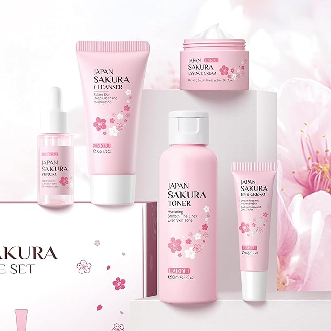 SAKURA Skin Care Set, Skin Care Sets & Kits Women Girls Gift Set with Cleanser, Face Serum, Face Cream, Toner, Eye Cream, Travel Size Skincare Set for Women Teen Girls Birthday Christmas Gift (SAKURA)