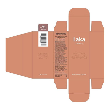 Laka Bulky Matte Lipstick, 4g/0.14oz., Long Wear, Non-Drying Lip Stain Stick with High Pigmentation, Voluminous Lips, K-Beauty (#408 Bebe Almond)