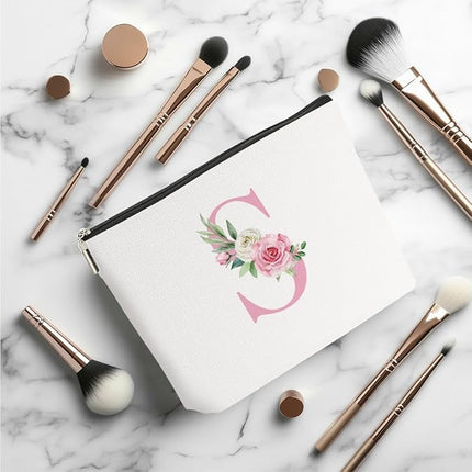 Pink Monogram Makeup Bag, Initial S, Cosmetic Bag Personalized Travel Organizer Bags Makeup Pouch, Monogrammed Gifts for Women Girls Friend Sisters Employee Bridesmaid Wedding Bridal Shower Gifts