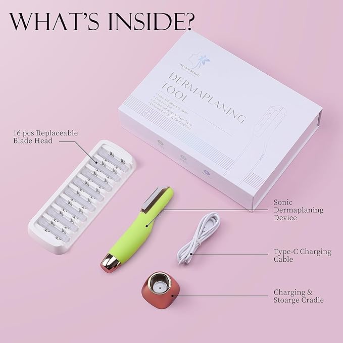 Sonic Dermaplane Razor for Women Face, Dermaplaning Tool for Face, Sonic Edge Technology, Facial Hair Removal for Women, Peach Fuzz with 8 Replaceable Blades(Green)