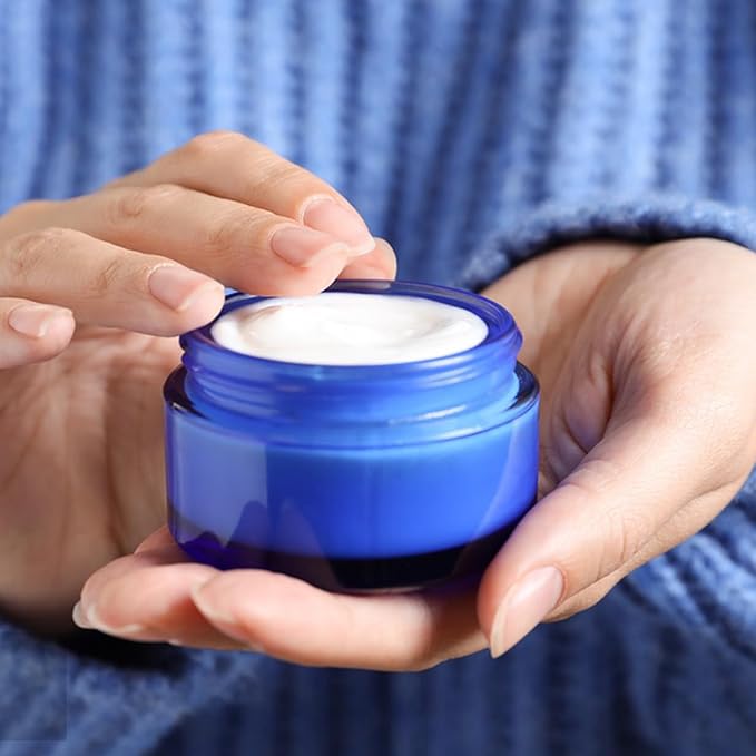 1 Oz Blue Round Glass Jars with Inner Liners and Black Lids(24PCS) Empty Cream Containers Refillable Cosmetic Vials for Cosmetics, Lotions, Ointment, Body Scrubs & Balms