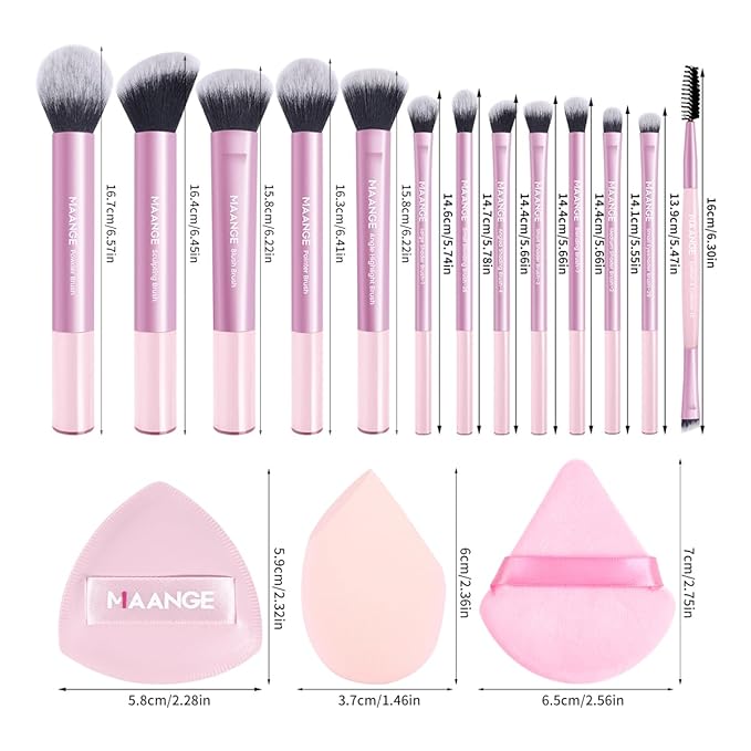 MAANGE 16PCS Makeup Brush Set Travel Makeup Brushes for Liquid Powder Contour Concealer Cream Cosmetics Blending Eyeshadow Eyeliner (Pink)