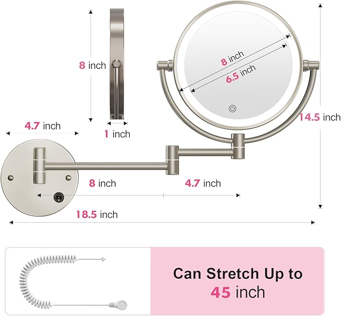 FASCINATE Upgraded Wall Mounted Makeup Mirror with Lights, Super Large Double Sided 1X/10X Magnifying Mirror for Bathroom, 360° Swivel Extendable Plug Touch Sensor Vanity Mirror