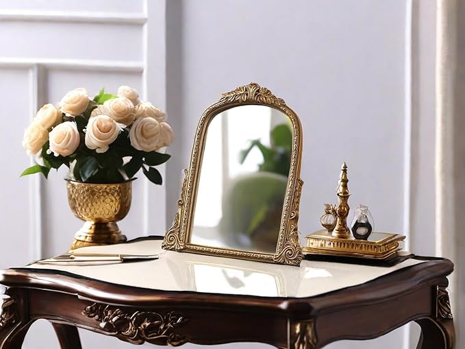 Vintage Gold Vanity Makeup Desk Mirror - Antique Chic Arch Table Mirror with Carved Resin Frame, Small Standing Arendahl Mirror for Living Room, Bedroom, Tabletop (13.2" x 12.8")