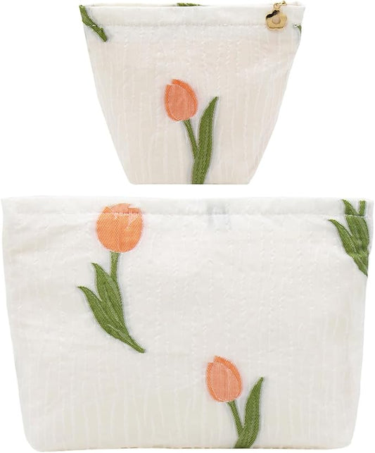 2 Pcs Makeup Bags, Large Cosmetic Bag Travel Toiletry Bag Organizer for Women, Embroidery Craft, Floral Makeup Bag Small Cosmetic Pouch Purse with Zipper Gifts for Girls Teen