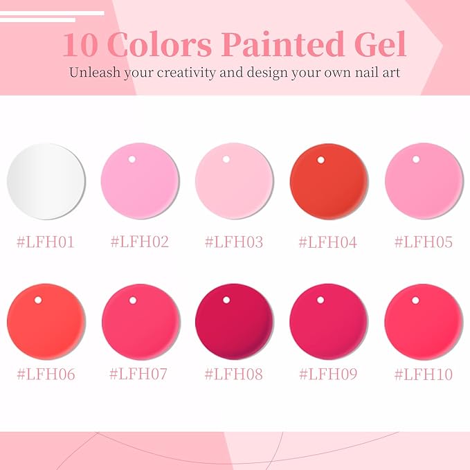 JODSONE Nail Art Gel Liner Set 10 Colors Pink Collection Gel Nail polish Need U V Lamp Cured at Home Salon Design Gift for Girls