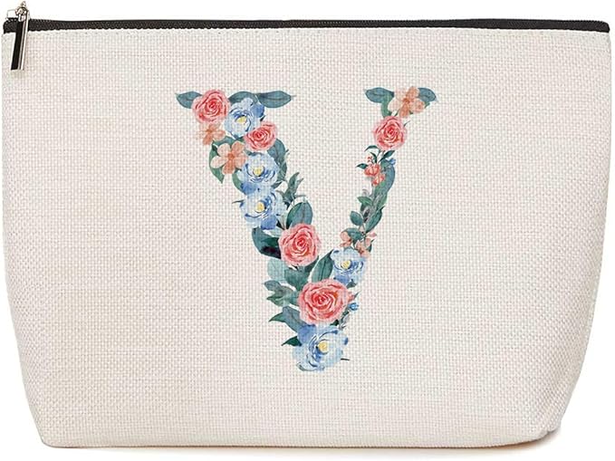 Initial Makeup Bag Monogrammed Travel Toiletry Bag Monogram Cosmetic Bag Birthday Christmas Bridal Shower Bridesmaid Gifts Personalized Gifts for Women Bride Teacher Sister Girlfriend, Floral Letter V