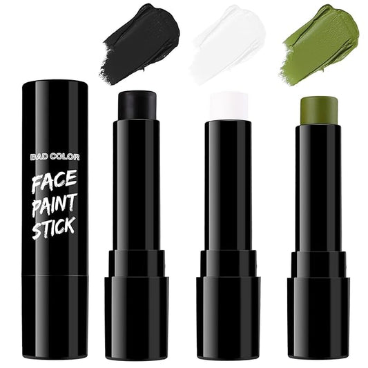 BAD COLOR 3PCS Black White Orge Green Face Body Paint Stick Makeup for Frankenstein/Witch/Grinch/Hulk/Alien/Demon/Evil Clown SFX Cosplay & Dress Up, Full-Coverage Halloween Facepaint Makeup Kit