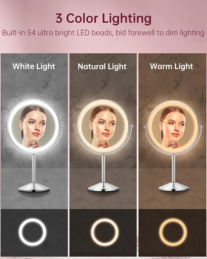 Gospire 8" Lighted Makeup Mirror with Magnification 10X/1X, 3 Color Lights & Dimmable Lighting, 360° Rotation Double Sided Rechargeable Cordless Vanity Cosmetic Standing LED Mirror for Makeup