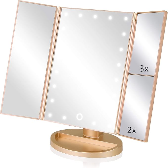 Trifold Makeup Mirror Vanity Mirror with Lights,1X 2X 3X Magnification,Touch Screen,180 Adjustable Rotation,Portable Travel Bathroom Cosmetic Mirror