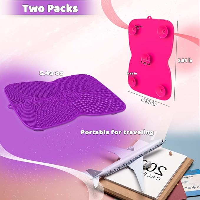2 Pack Silicone Makeup Brush Cleaner Pad with Suction Cup, 8 Textures, Stable, YalsFTY Makeup Brush Cleaning Mat with Suction Cup (Rose and Purple)