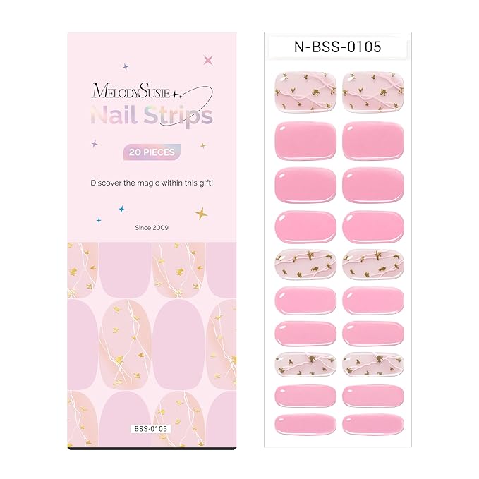 MelodySusie Semi Cured Gel Nail Strips (Pink), 20 PCS Gel Nail Stickers, Gold Foils, UV Light Required, Durable & Salon Quality