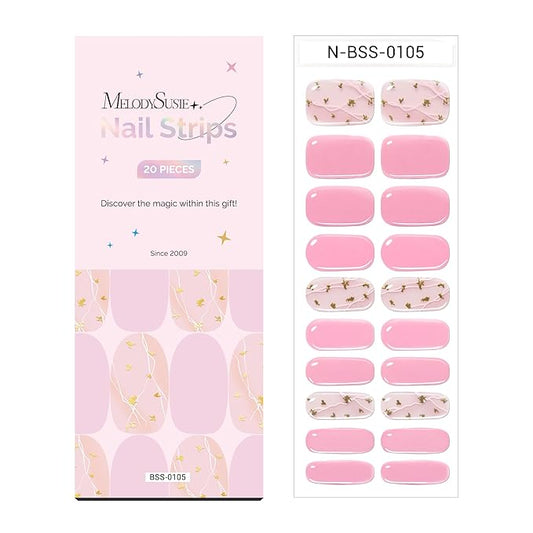 MelodySusie Semi Cured Gel Nail Strips (Pink), 20 PCS Gel Nail Stickers, Gold Foils, UV Light Required, Durable & Salon Quality