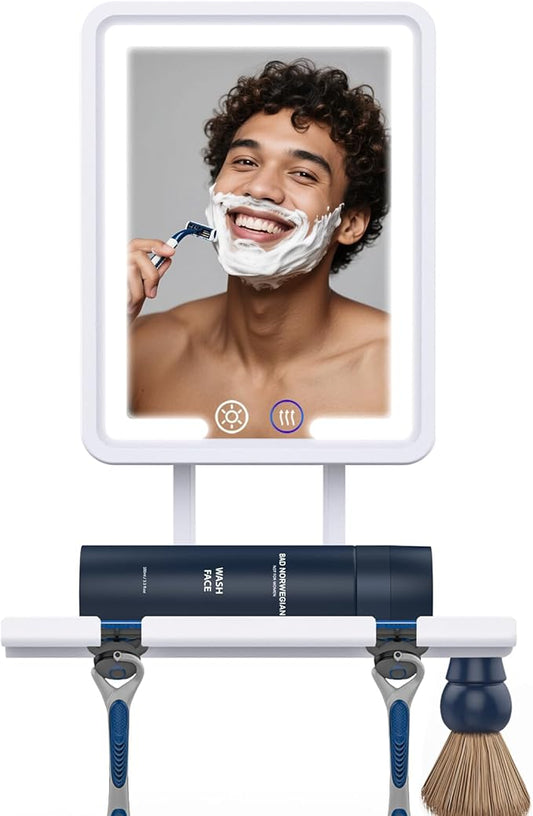 Shinowa Heated Shower Mirror Fogless for Shaving, 360° Adjustable Lighted Shower Mirror with 3 Color Modes, Rechargeable Anti Fog Shaving Mirror with Large Storage Tray & Razor Holder, White