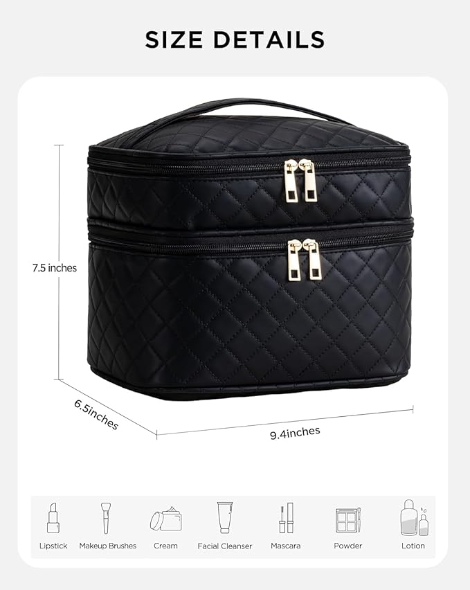 Makeup Bag for Women X-Large Travel Makeup Bag Organizer Portable Toiletry Bag Cute Makeup Bags Waterproof Leather Cosmetic Bag Makeup Case with Removable Dividers, Lattice Black