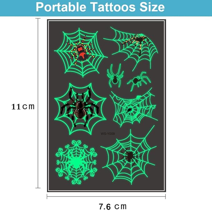 73PCS Luminous Halloween Spider Web Temporary Tattoos for Kids, Costume Makeup Glow in the Dark Fake Tattoo Stickers, Face Cosplay Holiday Party Favors Gifts for Adults Classroom School Prizes Reward