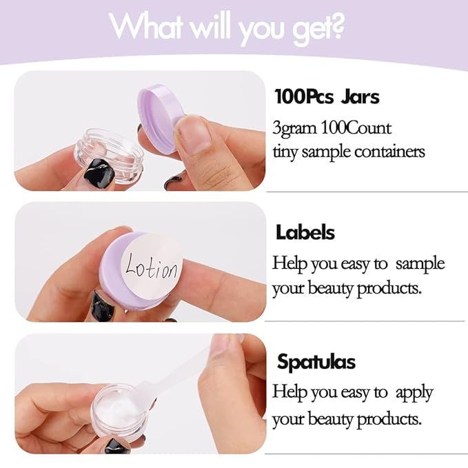 100 Mini Sample Jars with Lids - 3 Gram Capacity, Makeup Travel Containers with Labels, Includes Disposable Spatulas