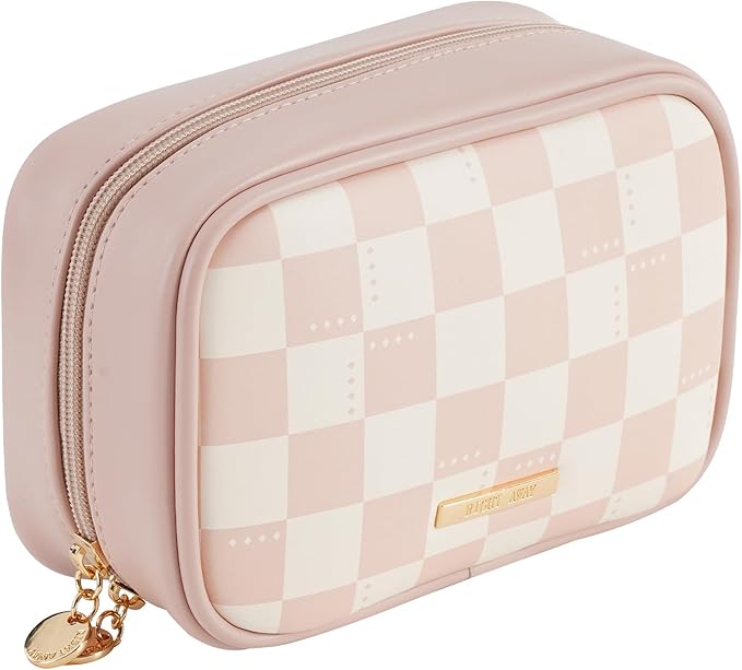 RIGHT AWAY Checkered Makeup Bag for Purse,Small Cosmetic Bag Organizer for Women, Travel Make Up Pouch Waterproof Toiletry Bag Cute Makeup Case for Travel Accessories(Pink Checkerboard)